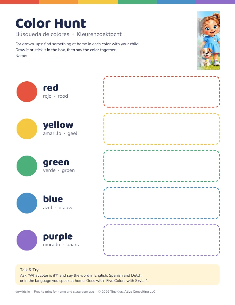 Preview of the Color Hunt sheet: five colored circles with the words red, yellow, green, blue and purple in English, Spanish and Dutch, each next to an empty box, with Skylar and her puppy Bogy in the corner.